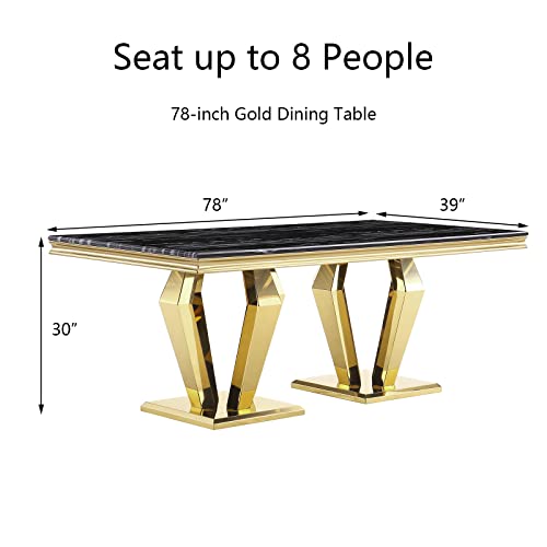 ACEDÉCOR Modern Dining Table, 78 inches Rectangular Dining Room Table for 6 to 8, Double Pedestal Dining Table in Black Gold