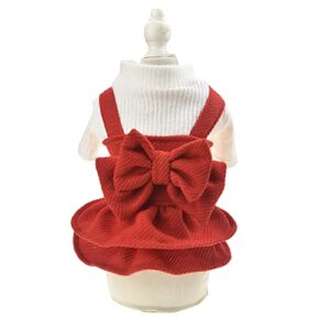 FLAdorepet Dog Dress for Christmas Holiday Party Winter Warm Small Dog Bowknot Dress Tutu Skirt, Cat Costume Clothes Pet Apparel (Small, Red)