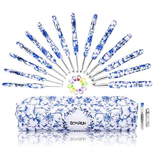 BCMRUN Crochet Hooks Set with Case 14 Size Blue and White Porcelain Pattern for Arthritis Hands, 2.25mm(B)-10mm(N) Crochet Needles for Beginners, Mothers Day Gift, Crochet Lovers (Azure)