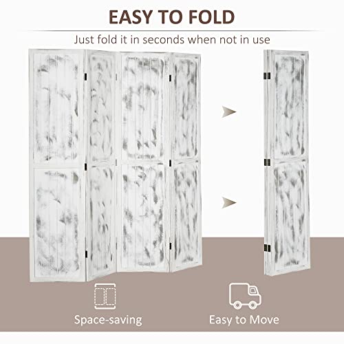 HOMCOM 5.5' Tall 4-Panel Room Divider and Folding Privacy Screen, Woodgrain Freestanding Privacy Divider, Partition Wall, Rustic White