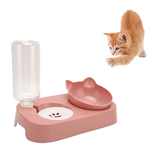 Pet Water Food Bowls, Dog Cat Bowl with Automatic Water Dispenser Bottle Automatic Water Feeder Food Dish Set for Dogs Cats (Pink)