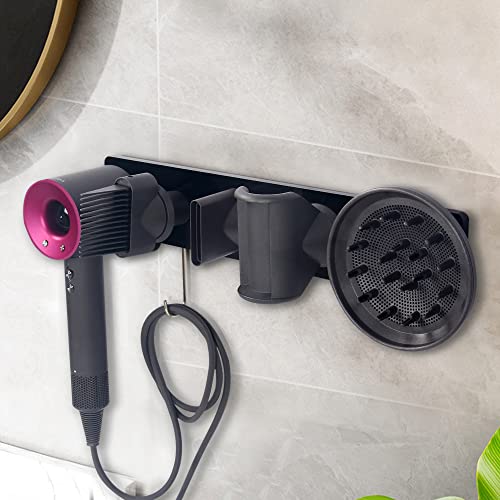 Floatant Wall Mount Hair Dryer Holder Compatible with Dyson Supersonic, Acrylic Organizer for Storage Attachments, Wall Mounted Rack with Hook for Accessories Nozzles,Wide-tooth Comb,Diffuser(Black)