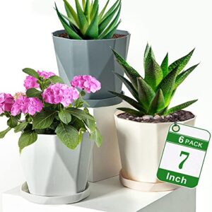 wyzgfrqs 7 inch plant pots 6 pack, planters for indoor plants, plastic plant pots with drainage holes and saucers, modern flower pots for succulents, snake plant, african violet, and cactus
