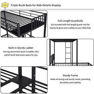 Dolonm Triple Bunk Beds, Twin Over Twin Bunk Beds for 3, Metal Triple Bunk Bed with Guardrails, 3 Twin Bunk Beds for Kids Teens Boys Girls (Black)