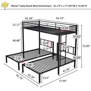 Dolonm Triple Bunk Beds, Twin Over Twin Bunk Beds for 3, Metal Triple Bunk Bed with Guardrails, 3 Twin Bunk Beds for Kids Teens Boys Girls (Black)