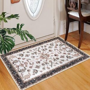 songlet rug machine washable 2'x3', indoor entryway rug non-slip, vintage persian rug for kitchen, living room, bathroom, laundry (ivory/brown)
