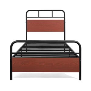 CAPHAUS Round Corner Metal Bed Frame with Modern Wood Headboard and Footboard, Mattress Foundation, Metal Platform Bed with Premium Steel Frame, Noise-Free, No Box Spring Needed, Twin Size, Walnut