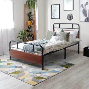 caphaus round corner metal bed frame with modern wood headboard and footboard, mattress foundation, metal platform bed with premium steel frame, noise-free, no box spring needed, twin size, walnut