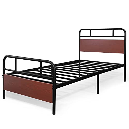 CAPHAUS Round Corner Metal Bed Frame with Modern Wood Headboard and Footboard, Mattress Foundation, Metal Platform Bed with Premium Steel Frame, Noise-Free, No Box Spring Needed, Twin Size, Walnut