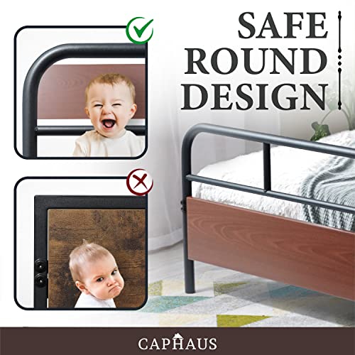 CAPHAUS Round Corner Metal Bed Frame with Modern Wood Headboard and Footboard, Mattress Foundation, Metal Platform Bed with Premium Steel Frame, Noise-Free, No Box Spring Needed, Twin Size, Walnut