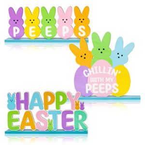 3pcs happy easter table decorations bunny peeps sign happy egg hunt table centerpieces bunny rejoice sign wooden easter party decorations table ornament for easter indoor party favors tiered tray home