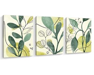 kas home 3 panels abstract plants botanical wall art framed watercolor green leaf tropical canvas pictures prints minimalist wall decor for gallery home living room bedroom office dining room (green - botanical, 12 x 16 inch x 3)