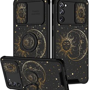 Goocrux (2in1 for Samsung Galaxy S20 FE 5G Case Sun and Moon for Women Girls Cute Stars Space Phone Cover with Slide Camera Cover+Ring Holder Fashion Golden Print Design Cases for S20FE 6.5''