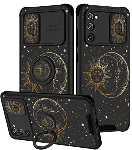 Goocrux (2in1 for Samsung Galaxy S20 FE 5G Case Sun and Moon for Women Girls Cute Stars Space Phone Cover with Slide Camera Cover+Ring Holder Fashion Golden Print Design Cases for S20FE 6.5''