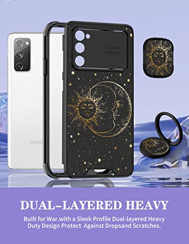 Goocrux (2in1 for Samsung Galaxy S20 FE 5G Case Sun and Moon for Women Girls Cute Stars Space Phone Cover with Slide Camera Cover+Ring Holder Fashion Golden Print Design Cases for S20FE 6.5''