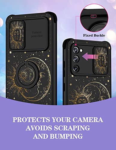 Goocrux (2in1 for Samsung Galaxy S20 FE 5G Case Sun and Moon for Women Girls Cute Stars Space Phone Cover with Slide Camera Cover+Ring Holder Fashion Golden Print Design Cases for S20FE 6.5''