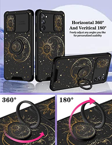 Goocrux (2in1 for Samsung Galaxy S20 FE 5G Case Sun and Moon for Women Girls Cute Stars Space Phone Cover with Slide Camera Cover+Ring Holder Fashion Golden Print Design Cases for S20FE 6.5''