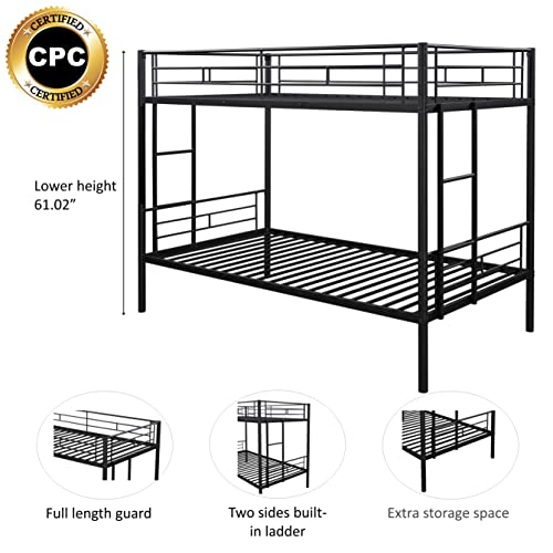 HomJoones Twin Over Twin Bunk Beds,Metal Frame Bunk Bed,with Guardrail and 2 Side Ladders,Child Adult Twin Size Bed,Suitable for Dormitory Bedrooms,No Box Spring Needed (Black)