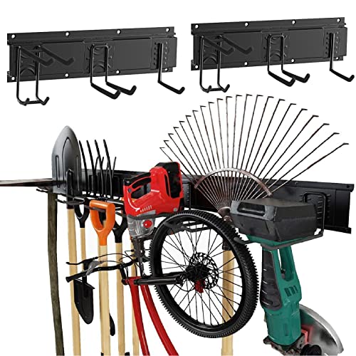 touekeng Garage Storage Tool Organizer,Garage Organization Wall Mount Rack Hanger,Super Heavy Duty Steel Garden Tool Organizer (6Hooks, 2Rails 32 in)