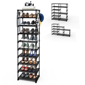 plzlove narrow shoe rack for entryway 10 tiers, tall vertical shoe organizer 21-24 pairs black large metal shoe shelf, stackable diy corner shoe stand tower for closets and small place with hooks