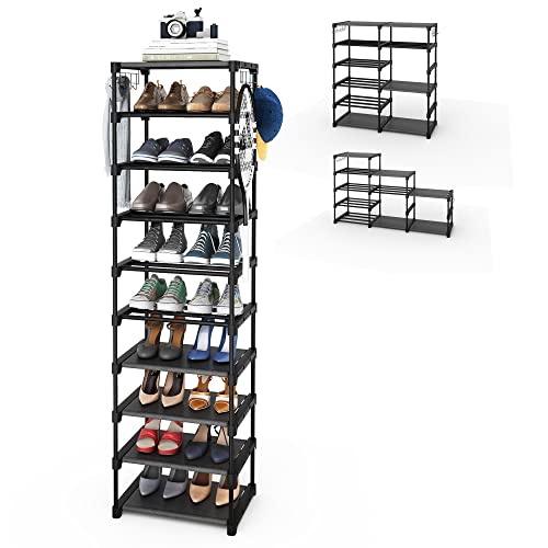 Plzlove Narrow Shoe Rack for Entryway 10 Tiers, Tall Vertical Shoe Organizer 21-24 Pairs Black Large Metal Shoe Shelf, Stackable DIY Corner Shoe Stand Tower for Closets and Small Place with Hooks