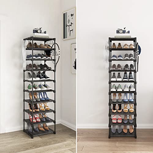 Plzlove Narrow Shoe Rack for Entryway 10 Tiers, Tall Vertical Shoe Organizer 21-24 Pairs Black Large Metal Shoe Shelf, Stackable DIY Corner Shoe Stand Tower for Closets and Small Place with Hooks
