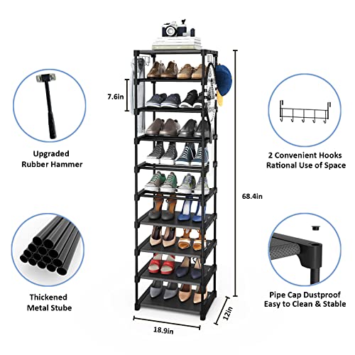 Plzlove Narrow Shoe Rack for Entryway 10 Tiers, Tall Vertical Shoe Organizer 21-24 Pairs Black Large Metal Shoe Shelf, Stackable DIY Corner Shoe Stand Tower for Closets and Small Place with Hooks