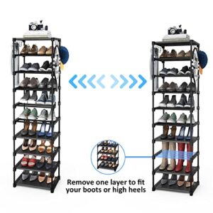 Plzlove Narrow Shoe Rack for Entryway 10 Tiers, Tall Vertical Shoe Organizer 21-24 Pairs Black Large Metal Shoe Shelf, Stackable DIY Corner Shoe Stand Tower for Closets and Small Place with Hooks