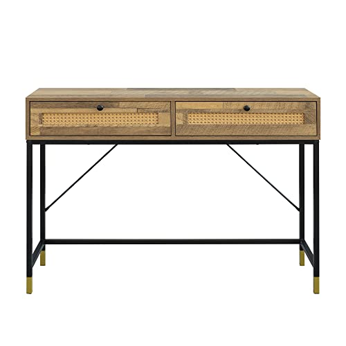 GIA Home Furniture Series Mid Century Console Table Rattan Crafted Drawers,Wood Computer Desk Installed,Salmon Oak Finishing, Black Metal Leg