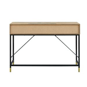 GIA Home Furniture Series Mid Century Console Table Rattan Crafted Drawers,Wood Computer Desk Installed,Salmon Oak Finishing, Black Metal Leg