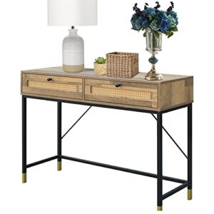 GIA Home Furniture Series Mid Century Console Table Rattan Crafted Drawers,Wood Computer Desk Installed,Salmon Oak Finishing, Black Metal Leg