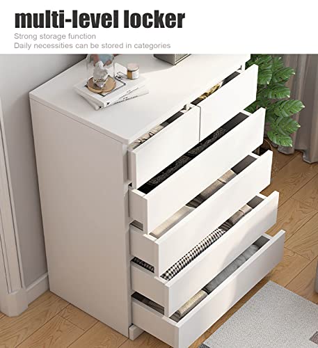 DRAMLOR 6 Drawer Tall White Dresser, Simple and Modern Wood Tall Dressers for Bedroom, 6 Drawer Chest of Drawers Closet Organizers and Storage Suitable for Living Room, Bedroom, Hallway