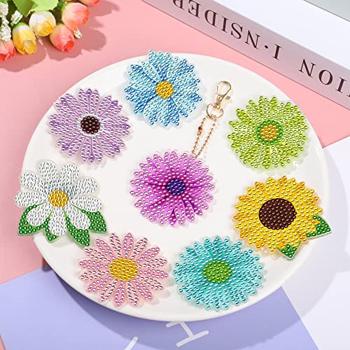 Augisteen 12 PCS Flowers Diamond Painting Keychains Daisy Sunflower Diamond Art Key Rings Double Sided Full Drill Diamond Keychains Colorful Flowers Hanging Ornaments for DIY Crafts Home Party Decor