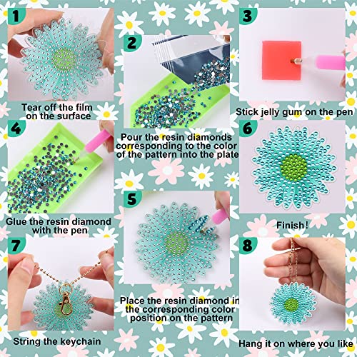 Augisteen 12 PCS Flowers Diamond Painting Keychains Daisy Sunflower Diamond Art Key Rings Double Sided Full Drill Diamond Keychains Colorful Flowers Hanging Ornaments for DIY Crafts Home Party Decor