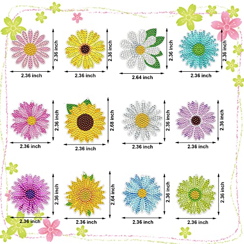 Augisteen 12 PCS Flowers Diamond Painting Keychains Daisy Sunflower Diamond Art Key Rings Double Sided Full Drill Diamond Keychains Colorful Flowers Hanging Ornaments for DIY Crafts Home Party Decor