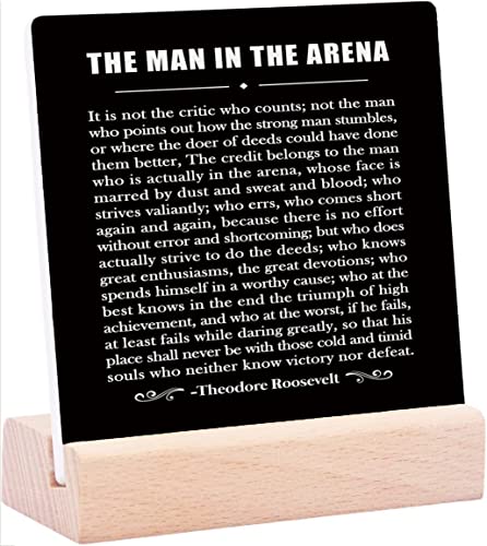 Tinfold The Man in The Arena Ceramic Table Plaque with Wooden Stand Desk Decorations Inspirational Quote Office Living Room Bedroom Desk Decor, Inspirational Gift for Men Boys Teens Entrepreneur