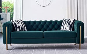 akrenar modern sofa couches for living room, 84 inches velvet button tufted couch upholstered sofa with 2 pillows and metal legs decor furniture for bedroom, office (green)