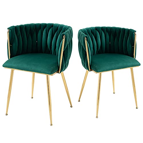 SZLIZCCC Modern Velvet Dining Chair, Curved Mid Back Support Living Room Chair, Woven Trim Gold Frame Trim Chaipholr, Ustered Club Chair， for Dining Room, Kitchen, Dressing (Emerald Set of 2)