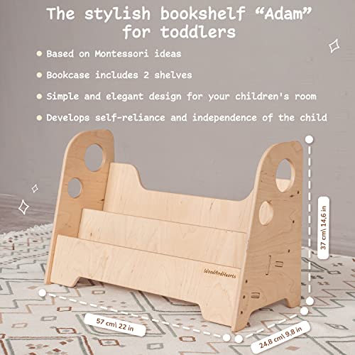 Woodandhearts Montessori bookcase - Wooden bookshelf for toddlers - Floor bookshelf for modern kids - Front facing bookshelf (Adam)