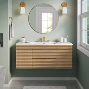 modway render 48" wall-mount bathroom vanity cabinet with ceramic sink basin in oak white
