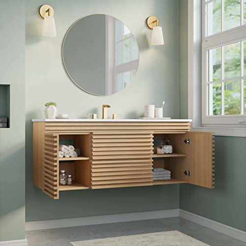 Modway Render 48" Wall-Mount Bathroom Vanity Cabinet with Ceramic Sink Basin in Oak White