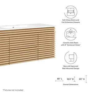 Modway Render 48" Wall-Mount Bathroom Vanity Cabinet with Ceramic Sink Basin in Oak White