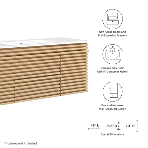 Modway Render 48" Wall-Mount Bathroom Vanity Cabinet with Ceramic Sink Basin in Oak White