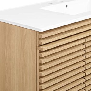 Modway Render 48" Wall-Mount Bathroom Vanity Cabinet with Ceramic Sink Basin in Oak White