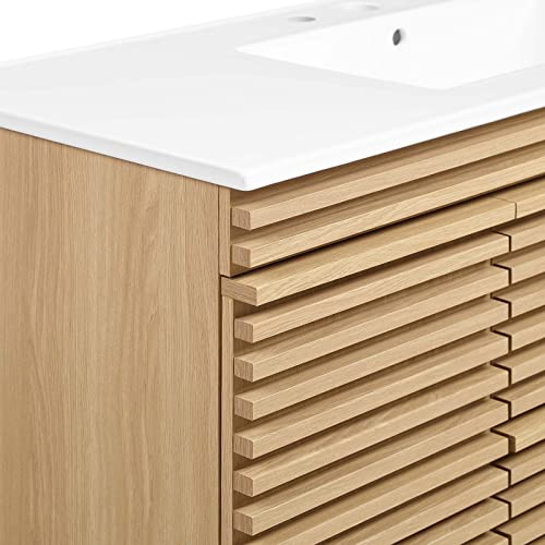 Modway Render 48" Wall-Mount Bathroom Vanity Cabinet with Ceramic Sink Basin in Oak White