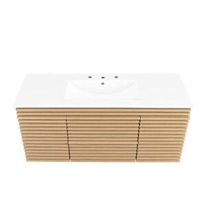 Modway Render 48" Wall-Mount Bathroom Vanity Cabinet with Ceramic Sink Basin in Oak White