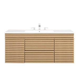 Modway Render 48" Wall-Mount Bathroom Vanity Cabinet with Ceramic Sink Basin in Oak White