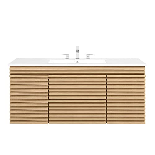 Modway Render 48" Wall-Mount Bathroom Vanity Cabinet with Ceramic Sink Basin in Oak White