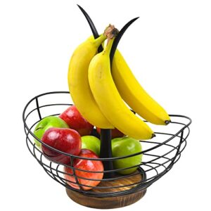 modern farmhouse fruit basket with banana holder for kitchen counter, vintage wire and wooden base fruit bowl & banana hanger for kitchen countertop decor, banana tree & fruit stand