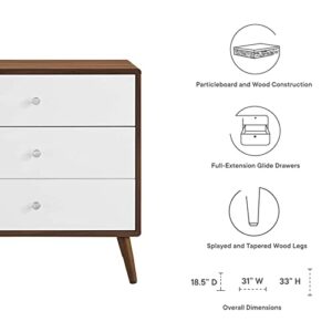 Modway Transmit Mid-Century Modern Wood Walnut White, 3-Drawer Chest